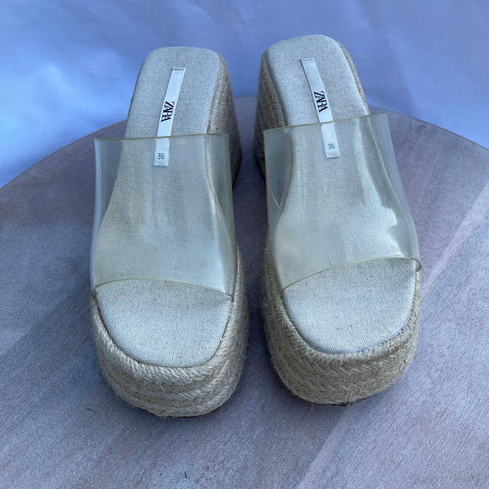 Zara Jute Women's Size 36 EU 6 US Clear Top Slide Espadrille Wedge Sandal Shoes